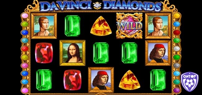 Bối cảnh slot Da Vinci Diamonds Hot có màu đen và các biểu tượng đẹp mắt