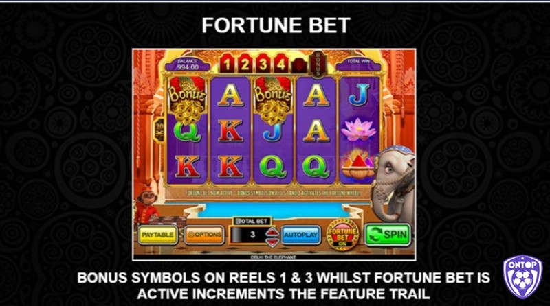 Hình ảnh con công xuất hiện trên cuộn 1 và 3 sẽ kích hoạt Fortune Bet