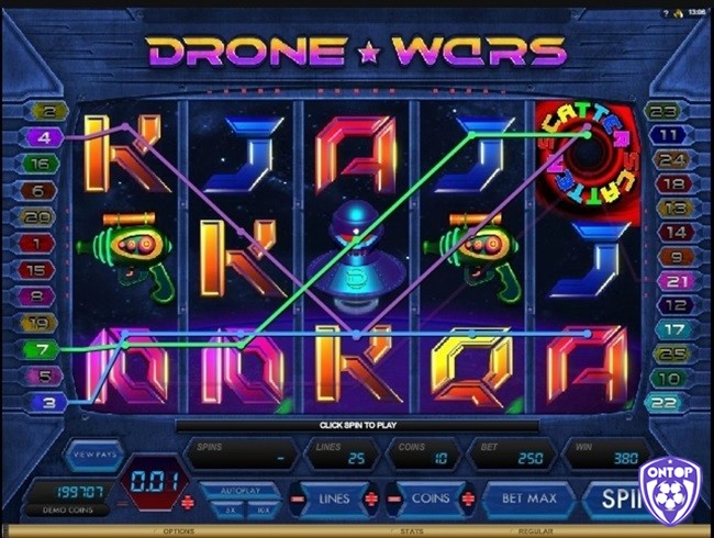 Cách chơi Drone Wars khá đơn giản, thu thập từ 3 biểu tượng trên một dòng thắng