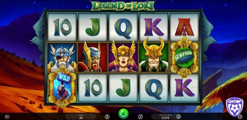 Giao diện chính của trò chơi Legend of Loki Jackpot với các biểu tượng đặc trưng 